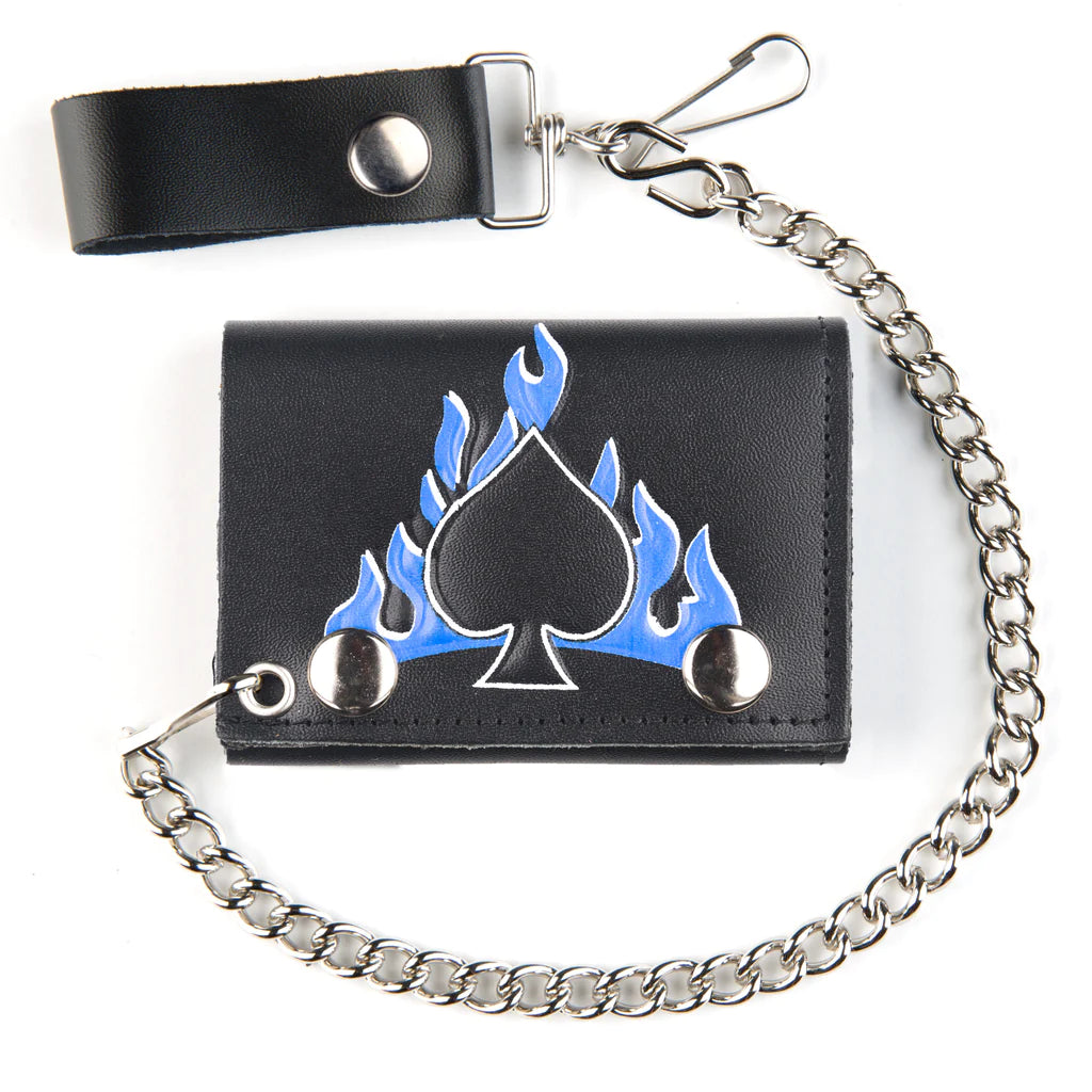 『Hollywood WALLET BLACK』 Black leather wallet w/ spade, blue flames and detachable chain