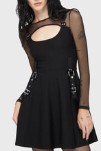 Load image into Gallery viewer, Black dress with sheer sleeves and cut-out design on a white background