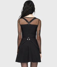 Load image into Gallery viewer, Black dress with sheer sleeves and a belt on a white background