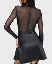 Load image into Gallery viewer, Woman wearing a black sheer top and skirt set on a white background