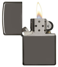 Load image into Gallery viewer, front of zippo opened with flame lit