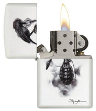 Load image into Gallery viewer, front of zippo opened with flame lit