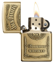 Load image into Gallery viewer, front of zippo opened with flame lit