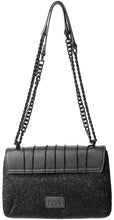 Load image into Gallery viewer, Black vegan leather fake fur crossbody bag with vegan leather bat wing flap closure.
