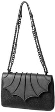 Load image into Gallery viewer, Black vegan leather fake fur crossbody bag with vegan leather bat wing flap closure.