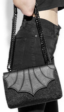 Load image into Gallery viewer, Black vegan leather fake fur crossbody bag with vegan leather bat wing flap closure.