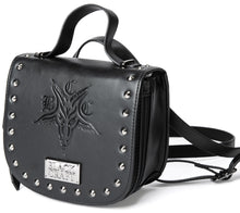 Load image into Gallery viewer, Black vegan leather backpack and crossbody bag. Features embossed bcc goat head on front with stud detail along front edges. Full zipper closure. Can be worn as a backpack, crossbody bag or can be carried with attached handle.