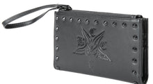 Load image into Gallery viewer, Black vegan leather wallet with Baphomet goat embossed detail on front with gun metal studs along the front edge. Zip closure with wrist strap attached to zipper head.