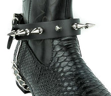 Load image into Gallery viewer, Black leather bootstrap with 1" silver spikes and silver chain that goes underneath bottom of boot.