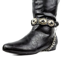 Load image into Gallery viewer, Black leather bootstrap with four silver conchos and silver chain that goes underneath bottom of boot.
