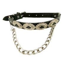 Load image into Gallery viewer, Black leather bootstrap with four silver conchos and silver chain that goes underneath bottom of boot.