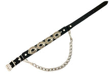 Load image into Gallery viewer, Black leather bootstrap with four silver conchos and silver chain that goes underneath bottom of boot.