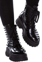 Load image into Gallery viewer, front of Black vegan leather platform boots with black studs all over. Lace-up front with side zipper. 100% polyurethane.