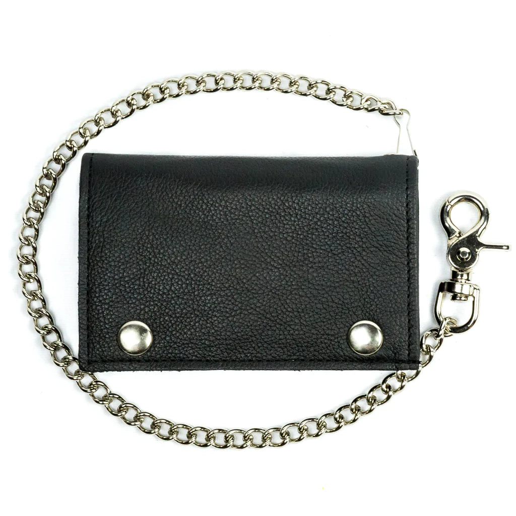 Black soft leather XL tri-fold wallet w/ detachable chain – Rock