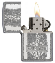 Load image into Gallery viewer, front of zippo opened with flame lit