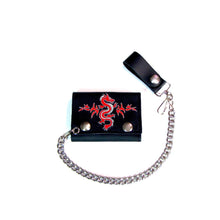 Load image into Gallery viewer, Black leather wallet with red embroidered dragon on front. Wallet has a 12" detachable chain, 6 page picture insert, credit card slot and two pockets.