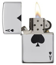 Load image into Gallery viewer, front of zippo opened with flame lit