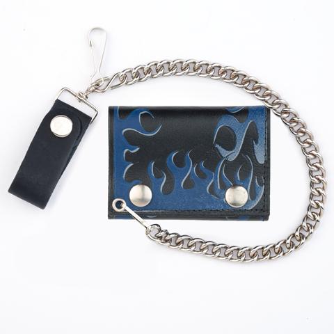Black leather wallet w/ blue flames and detachable chain – Rock