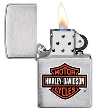 Load image into Gallery viewer, front of zippo opened with flame lit