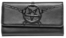 Load image into Gallery viewer, Black vegan leather wallet with inverted pentagram "harness" on front and gun metal hardware.