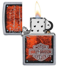 Load image into Gallery viewer, front of zippo opened with flame lit
