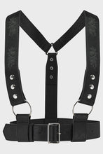 Load image into Gallery viewer, Black leather harness with floral embroidery on straps against a white background
