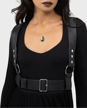Load image into Gallery viewer, model wearing a black dress with suspenders against a white background
