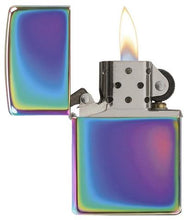 Load image into Gallery viewer, front of zippo opened with flame lit
