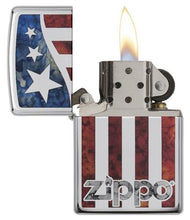 Load image into Gallery viewer, front of zippo opened with flame lit
