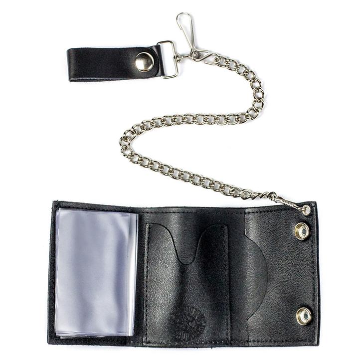 『Hollywood WALLET BLACK』 Black leather wallet w/ blue flames and detachable chain – Rock