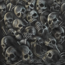 Load image into Gallery viewer, Black graphic shirt with all over front print with black and gray skull pile graphic.
