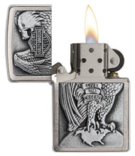 Load image into Gallery viewer, front of zippo opened with flame lit
