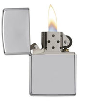 Load image into Gallery viewer, front of zippo opened with flame lit
