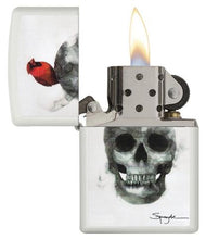 Load image into Gallery viewer, front of zippo opened with flame lit
