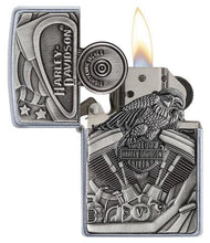 Load image into Gallery viewer, front of zippo opened with flame lit
