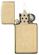 Load image into Gallery viewer, front of zippo opened with flame lit
