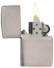 Load image into Gallery viewer, front of zippo opened with flame lit
