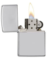 Load image into Gallery viewer, front of zippo opened with flame lit
