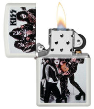 Load image into Gallery viewer, front of zippo opened with flame lit
