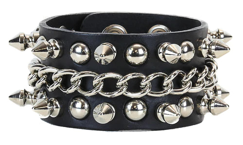 Black leather bracelet w/ 3 rows of silver tree spikes, chain and round stud detail