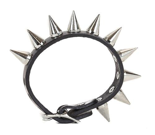 Black leather bracelet with single row silver cone spikes.