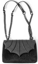 Load image into Gallery viewer, Black vegan leather fake fur crossbody bag with vegan leather bat wing flap closure'
