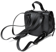 Load image into Gallery viewer, Black vegan leather backpack and crossbody bag. Features embossed bcc baphomet goat head on front with stud detail along front edges. Full zipper closure. Can be worn as a backpack, crossbody bag or can be carried with attached handle.
