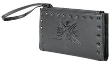 Load image into Gallery viewer, Black vegan leather wallet with  Baphomet goat embossed detail on front with gun metal studs along the front edge. Zip closure with wrist strap attached to zipper head.
