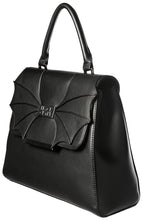 Load image into Gallery viewer, Black vegan leather bag with bat wing detail on front flap with BlackCraft logo plaque on front with attached top handle for carrying.
