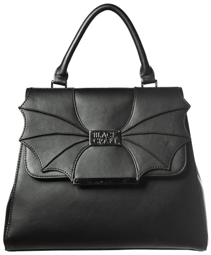Black vegan leather bag with bat wing detail on front flap with BlackCraft logo plaque on front with attached top handle for carrying.