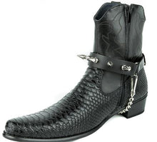 Load image into Gallery viewer, Black leather bootstrap with 1&quot; silver spikes and silver chain that goes underneath bottom of boot.
