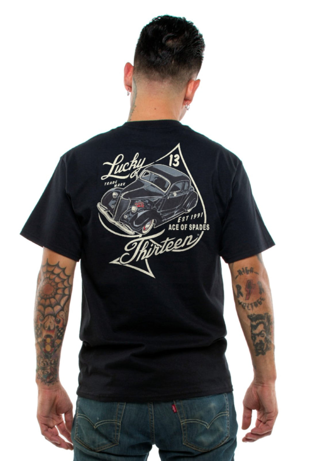 model showing back of t-shirt