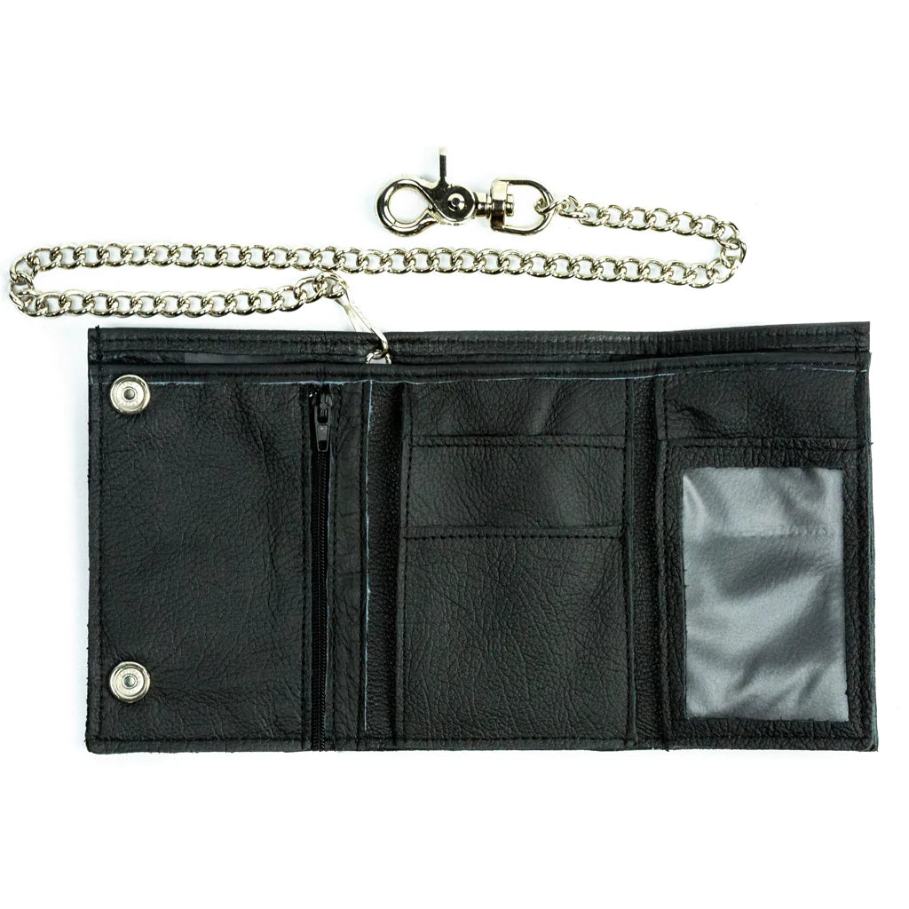 Black soft leather XL tri-fold wallet w/ detachable chain – Rock