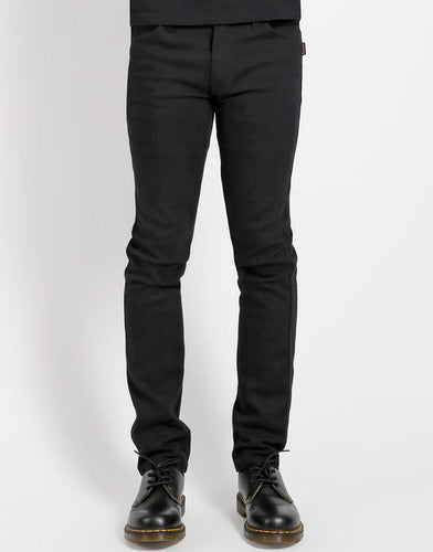 front view of Black cotton classic skinny fit jeans. 